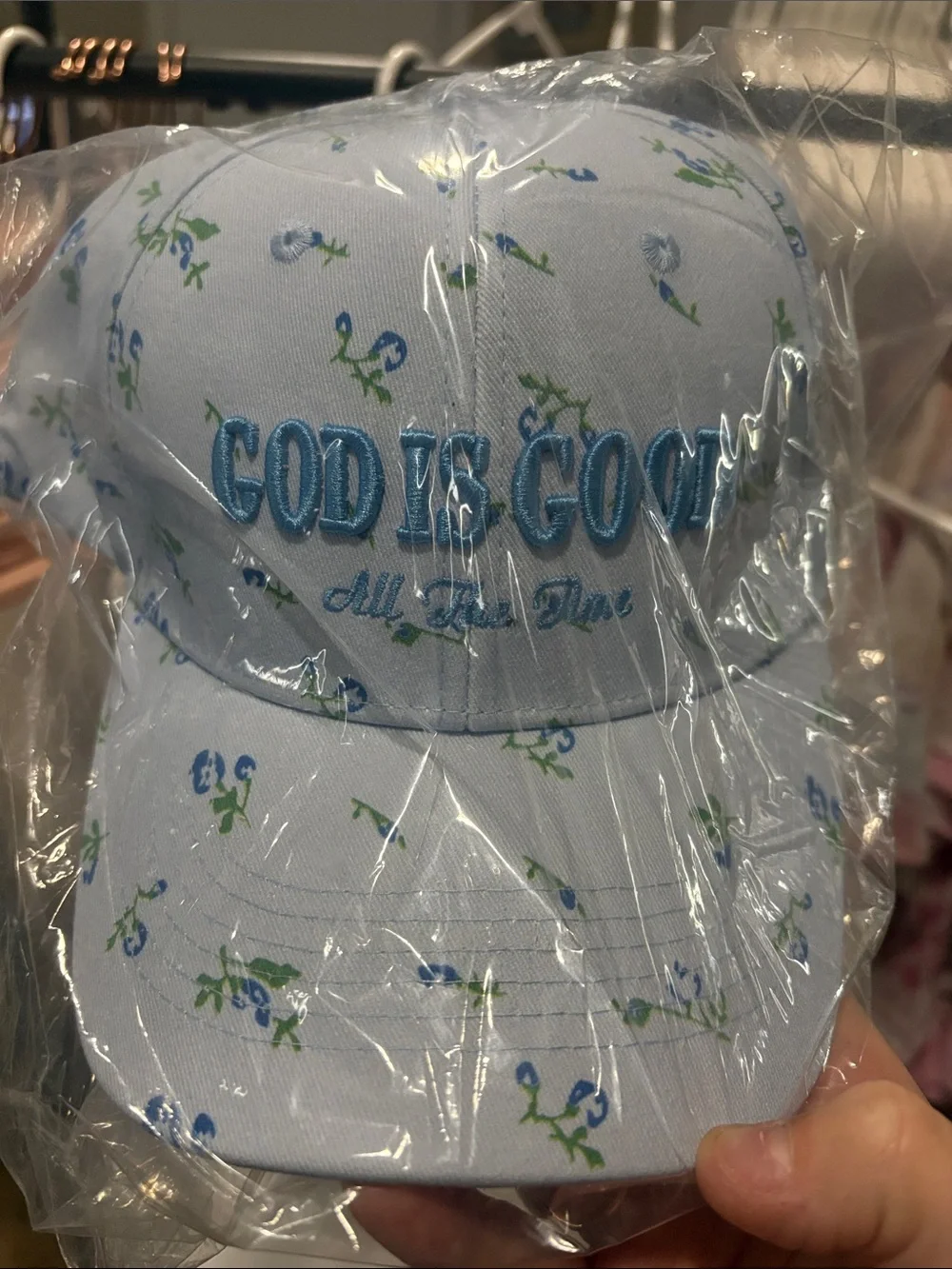 Light Blue Floral Baseball Cap with 'God Is Good' Embroidery